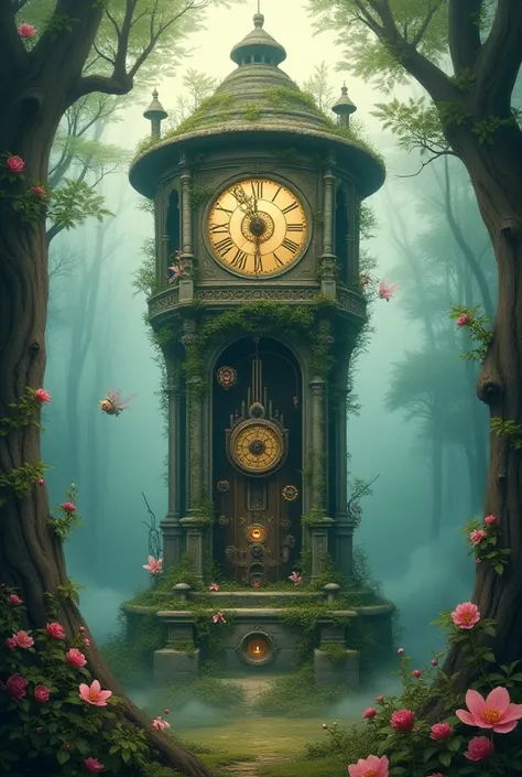 “An enormous clock tower overgrown with twisting, flowering vines, nestled in a misty forest clearing; pastel-colored gears and dials exposed and slowly turning, with small, fairy-like creatures tinkering inside, all in a vibrant art style with bold shadow...