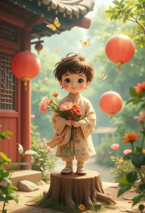 Chinese Baby Boy One Man Illustration、anime、High image quality、cute、llustration, Wearing an Antique Chinese Dress with Stuffed Hair,Put on vintage shoes,Standing behind a flower stump ,butterfly,Transparent Red Bubbles,Holding flowers,Ghiblistai , The cute...