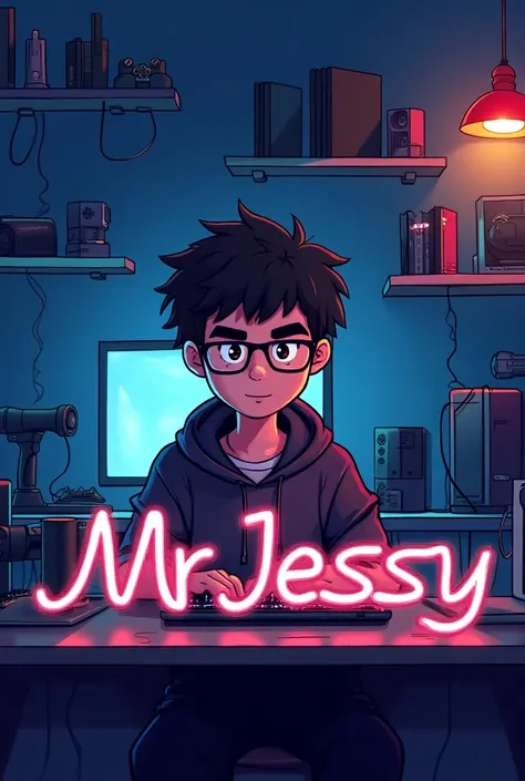 The mr jessy logo in front of the table  the teenager boy and he wear a spex  he is in gaming room 