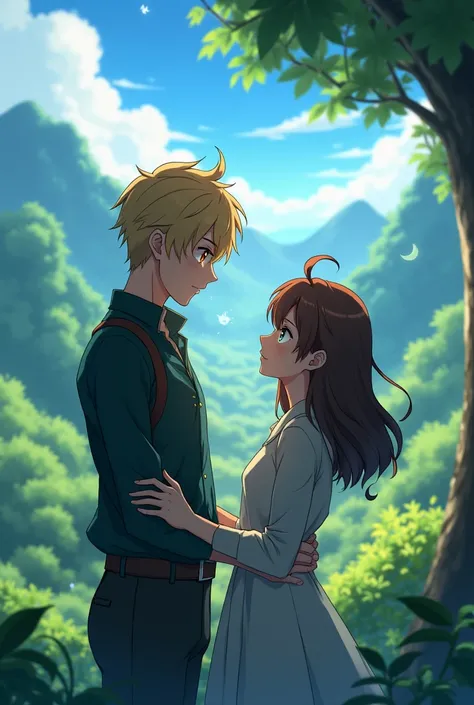 Dark blond guy with amber eyes brunette girl with green eyes anime