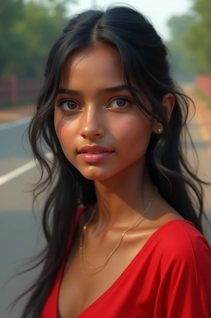 young Indian girl, 18-year-old, red top, gentle lighting, intricate facial details, flawless complexion, top-notch 3D rendering, hyper-realistic, shot on Indian road. photorealistic digital art trending on Artstation 8k HD high definition detailed realisti...