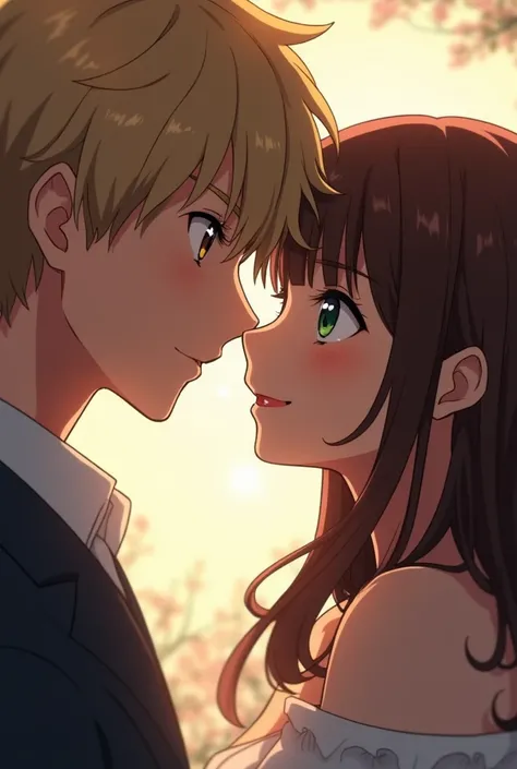 Dark blond guy with amber eyes brunette girl with green eyes anime close-up