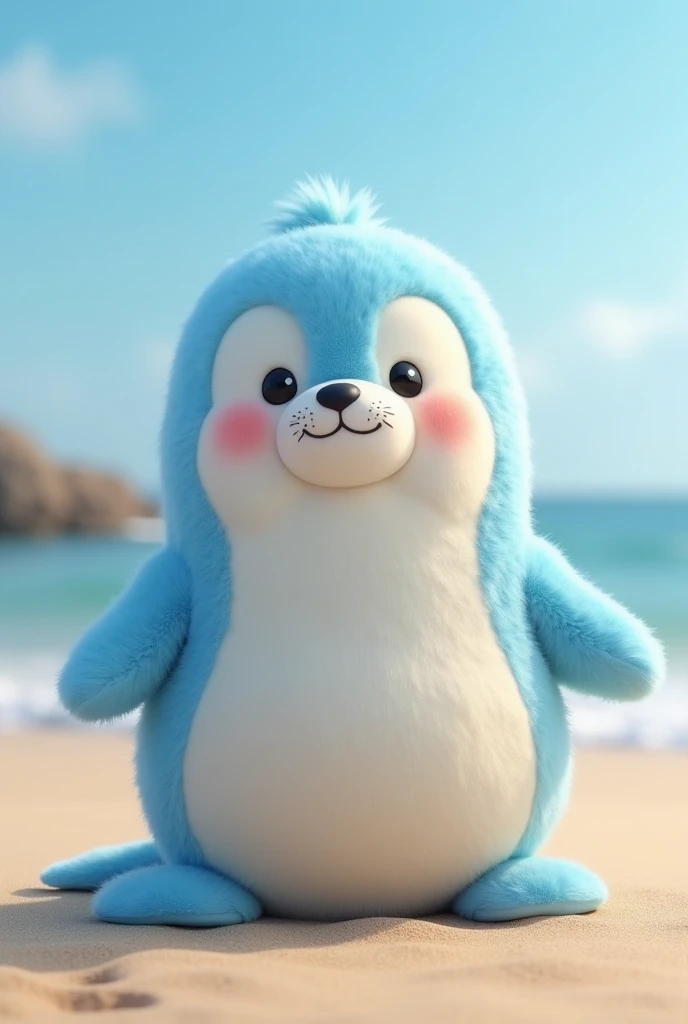 A minor male seal wearing a light blue penguin costume, The costume has eyes and beak, smiling, very short legs and arms, no neck, at the beach, fluffy, plushy