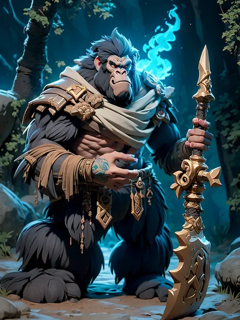 Male human, large, tall, barbarian, in furs and hide armor, giant axe, mucular, magic aura, gorilla spirit guardian, tattoos, full body in shot, rock desert terrain, fire 