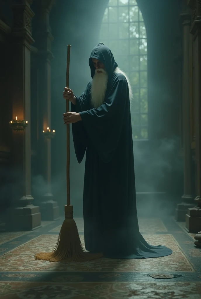 invisible wizard, Tall and thin with a distinctive long beard . Wears traditional wizard robes adorned with intricate patterns; Carries a broom. cleaning the floor