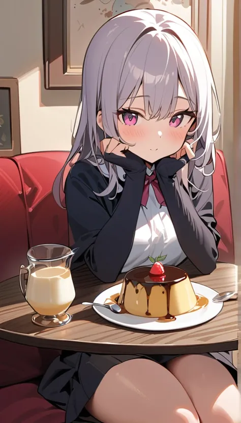  1 girl, Alone,  sitting, table, spoon, Pudding,, masterpiece, Best Quality,