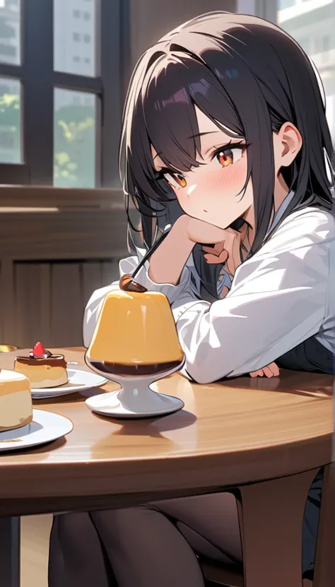  1 girl, Alone,  sitting, table, spoon, Pudding,, masterpiece, Best Quality,