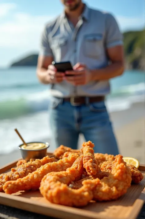 A food blogger by the sea is standing in front of a tray of fish fry food and is reviewing the food on Facebook live with the tray on his mobile, various reactions of the audience are appearing on the mobile screen.