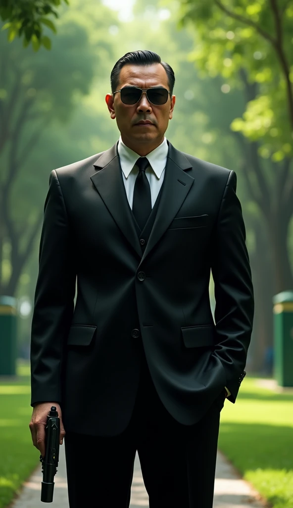 trùm mafia trung quốc, wearing black ,  in a suit holding a gun, park scene 