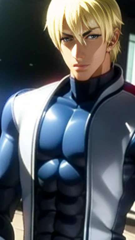 (High-definition CG), (Best Quality),   superhero with a beautiful body, Hero Costumes , Handsome and cool young man ,   Slim and Muscular  , The skin is brown,  blond hair, Frivolous