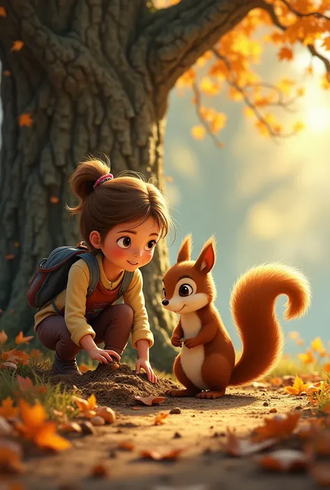 Emma and the squirrel find acorns

Description: Emma is on her knees digging at the ground. The squirrel is standing nearby or pointing to a spot with a paw, as if to say, "Dig here!". A pile of dry leaves and an old tree can be seen around.

