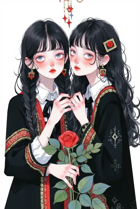 A painting：Twins ，Holding a rose in his hand，  bangs,  upper body,  white background ,Gothic Art 