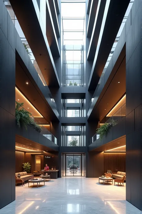 Generate a high-quality 3D interior rendering of a modern 6-story building shaped like the letter N, designed as a three-dimensional architectural structure. The interior features sleek, contemporary spaces with black-tinted spider fin glass, consistent wi...