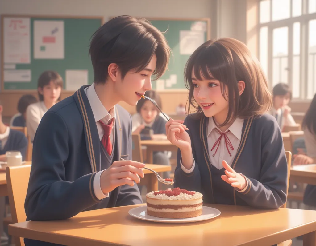 whole body、high school classroom、 short hair、a female student is scooping a cake with a fork and feeding it to a male student、 c...