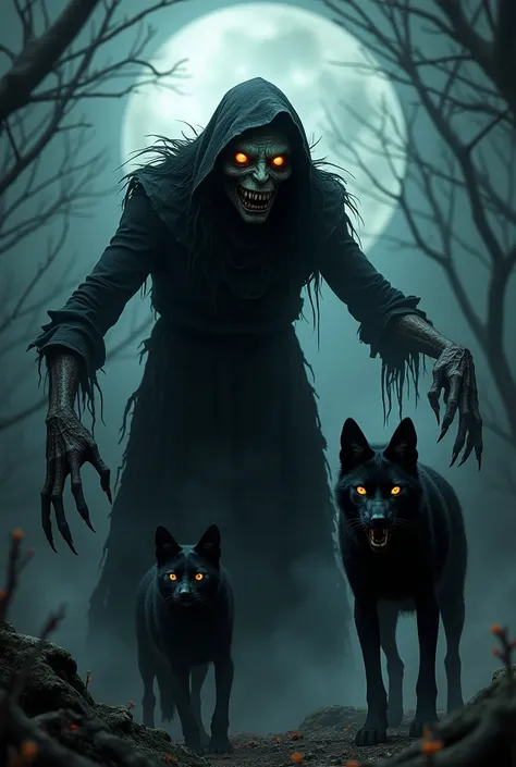 a witch ugly scary in dark night lighting horror wolves arround balck cats 