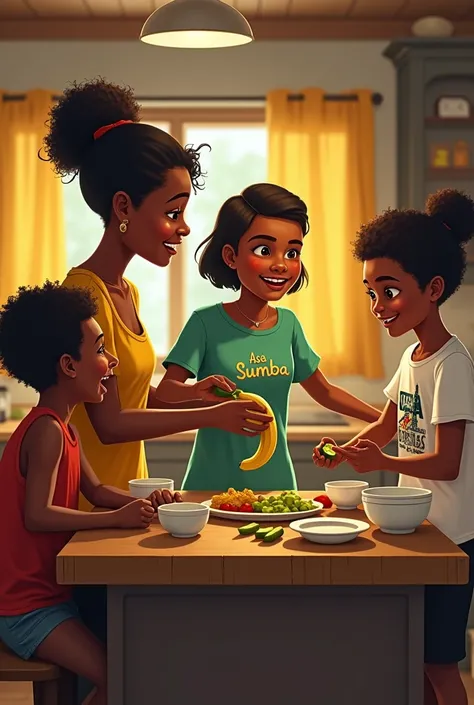 A family cooking dinner. Papua New Guinean family. Medium build mom, 40 years old, ties afro hair back. Dressed in meri dress and short jeans,  daughter peeling banana, wearing a round neck green t shirt with print "Asa Sumba" and black short.  daughter ti...