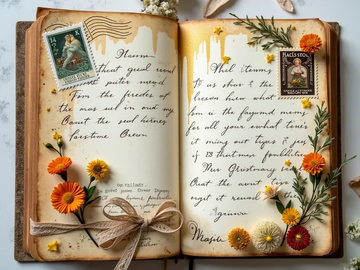 on The junk journal page is Handwritten notes and delicate ink stamps mark the page, Tiny pressed flowers, such as golden marigold petals and asters, add pops of color and texture to the layout.—are scattered across the layout, as if collected over years o...