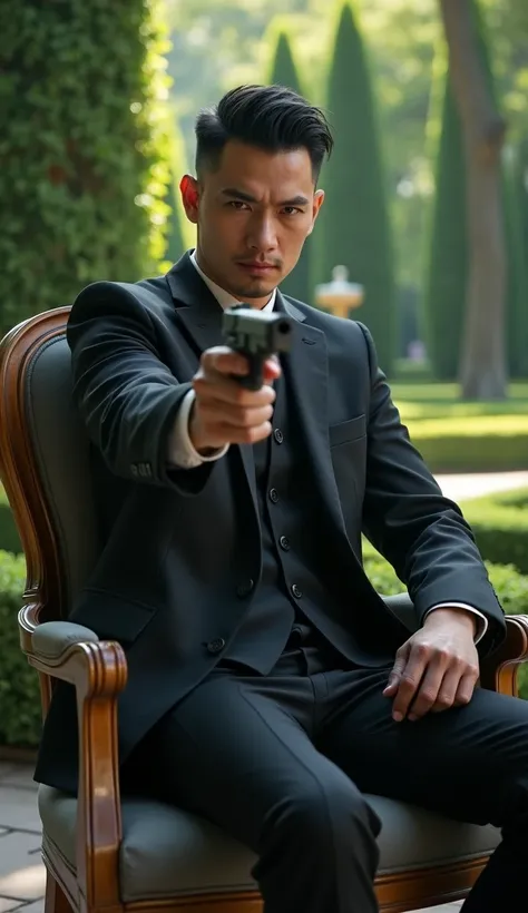 trùm mafia trung quốc 25 tuổi, wearing black ,  in a suit holding a gun, park scene , sitting in a chair with a gun pointing forward, cool pose
