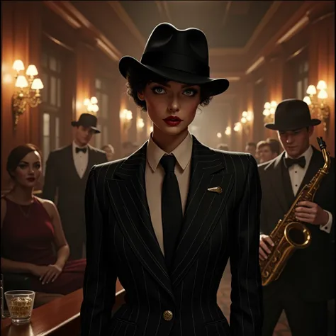 A picture of a 1920s investigator, adorned in a glamorous flapper-style detective suit, investigating a jazz age bar. The scene exudes the charm and allure of the 1920s, with sensual jazz playing in the background and a hint of intrigue in the air.