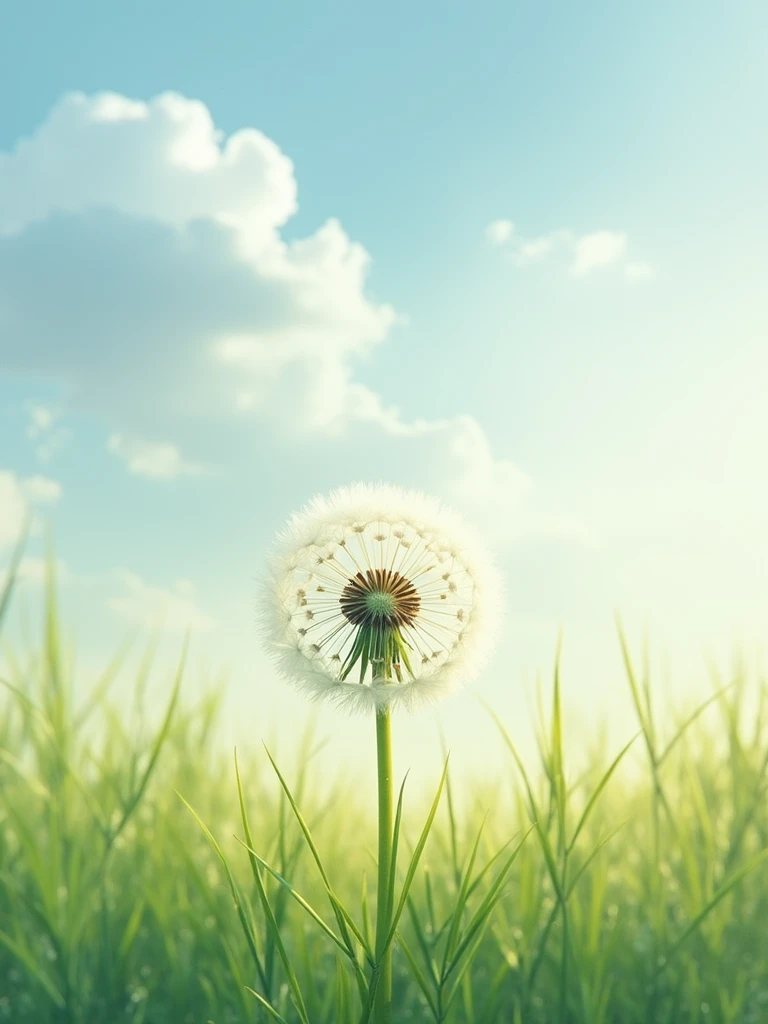 watercolor art, a dandelion on a field in a field of green grass under clouds, in the style of light blue and light beige, photo-realistic, macro focus, 8k octane, ultra detailed, creative ai, generative ai