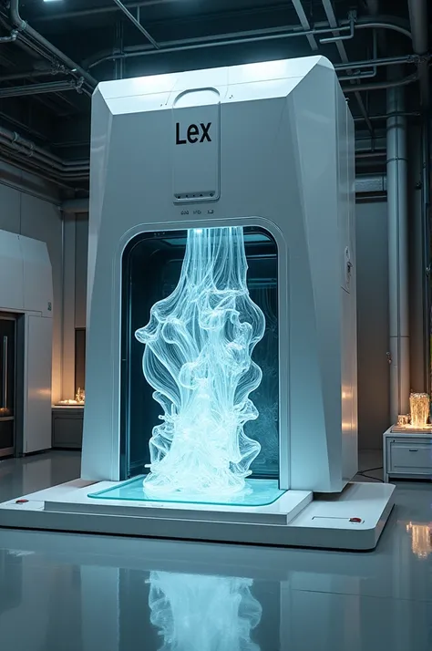 Giant futuristic modern printer printing glass with the name Lex on the front 