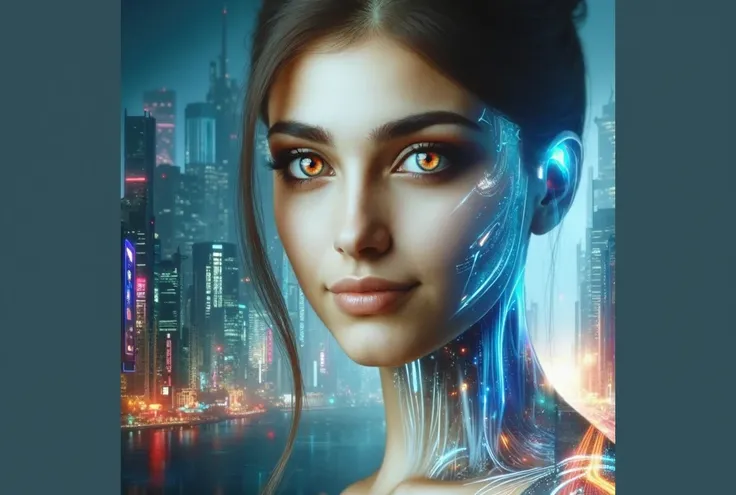  A translucent beautiful Russian girl against the backdrop of a cyberpunk city,  on one half of her face, you can see glowing wires , like a robot 