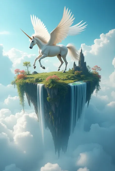 An beautiful island in the sky with flying unicorn in the top 