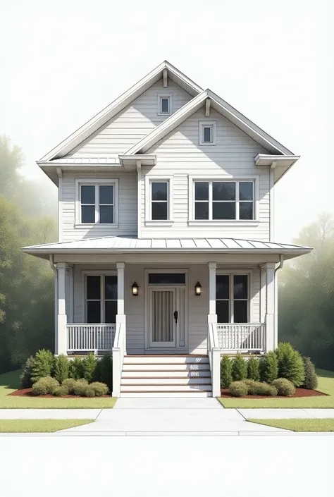 a rendering of a two story house with a porch and a covered porch, a digital rendering by Pamela Drew, cg society contest winner, bauhaus, front view dramatic, all white render, sketch - up, front elevation view, neotraditional modern, front perspective, w...