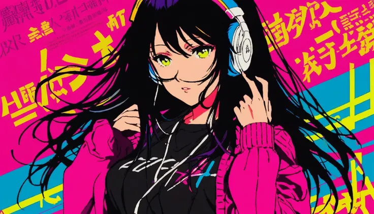  illustrator , anime , sketch ,  1 girl ,lip, sweater, gradation background , Neon Hair, textured trim , Japan, (masterpiece, best quality) Cancer,  Isekai Fantasy Characters ,DJ,  Adult women who always wear headphones , long hair,A girl who always faces ...