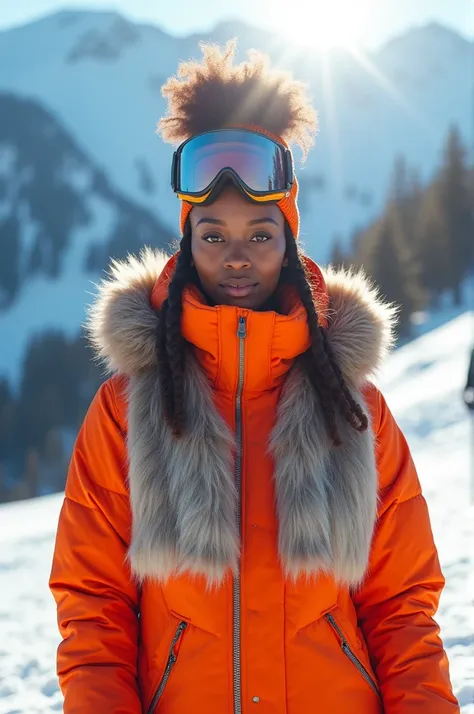 In the cinematography, a young stunning black woman in brightly colored sportswear and a luxurious fur short vest, wearing ski goggles, stands against a sunlit ski slope. Bright winter sunlight shimmers on white snow, shallow depth of field, vignette, high...