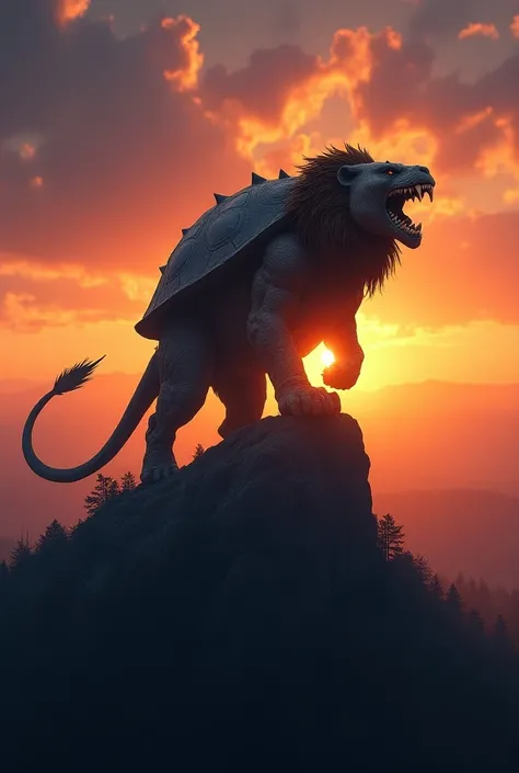 An cross breed of lion and turtle is roaring in the top of the moutain at sunset towards the animals in the forest