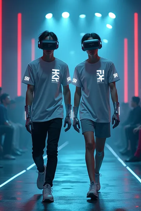  virtual reality image. Two handsome young K-pop idols , short hair skinhead, , Wear a glowing SXR design grey t-shirt, Walking on the runway of a fashion show .  The SXR brand cyberpunk dress has an unusual and modern design ,   featured sleeves  ./ The g...