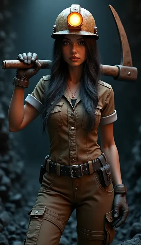 A highly detailed 3D CGI render of a female miner inspired by Adriana Lima. She stands confidently in a dark underground mine, her long dark hair tucked under a sturdy helmet with a lit headlamp casting a warm glow. Her face is smudged with coal dust, acce...