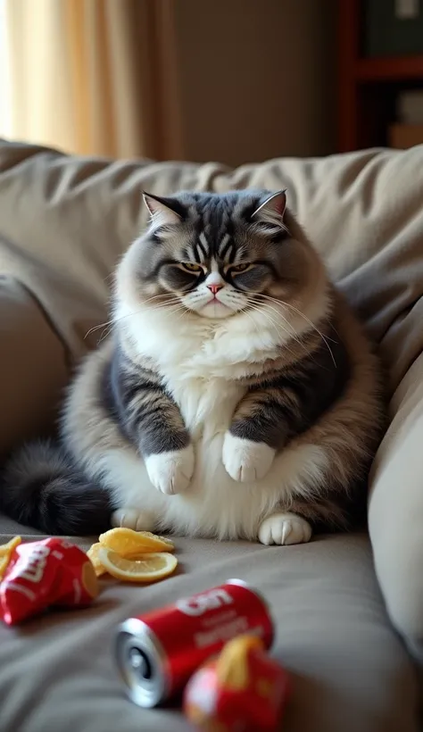 A very chubby gray and white cat sits sadly on a soft sofa, surrounded by empty soda cans and chip bags. The cat has round cheeks, a fluffy tail, and an expression of disappointment, with its eyes cast down. The room is cozy with warm lighting, and the sof...