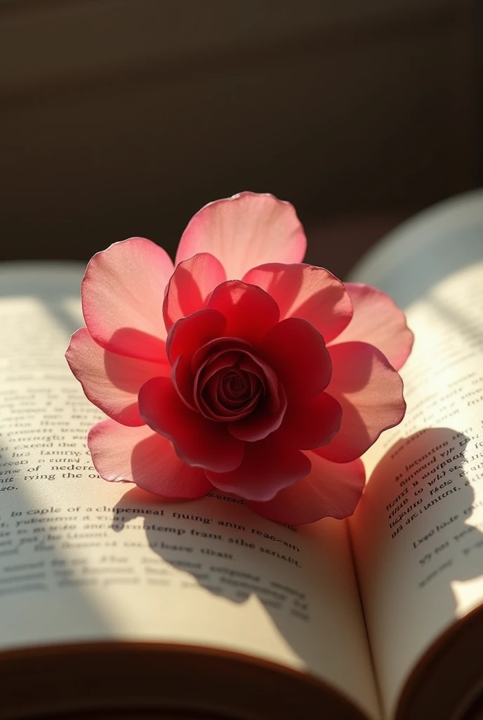 A red and pink flower looks like paper ,placed on an open book page light shows heart broken vibe