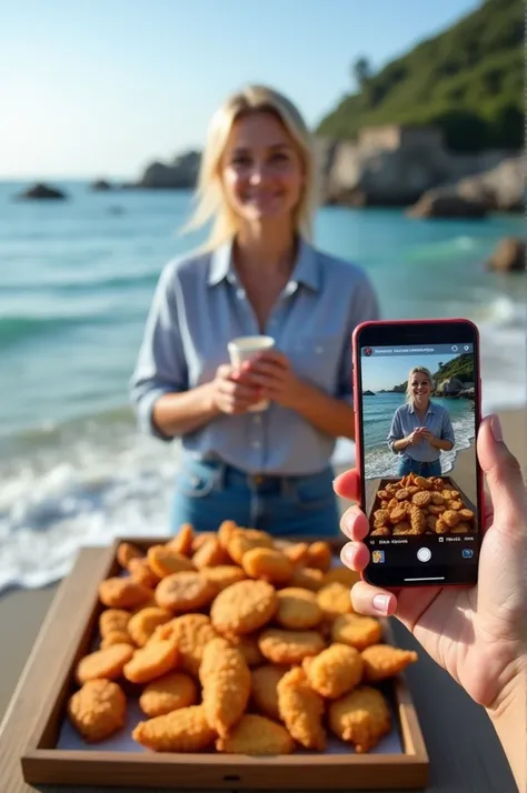 A food blogger by the sea is standing in front of a tray of fish fry food and is reviewing the food on Facebook live with the tray on his mobile, various reactions of the audience are appearing on the mobile screen.