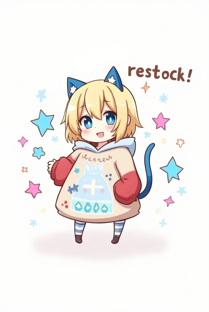 The image shows a cute, stylized cartoon character with blonde hair, blue eyes, and blue cat ears. The character is wearing an oversized hoodie with red sleeves and various designs, including a cat face and some geometric shapes. The character has a small ...