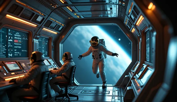  Camera inside the compact and design cabin futuristic of a spaceship ,  in high definition hyperreality .  The cabin is full of controls ,  buttons and small navigation screens that show star maps and technical data .  The scene captures zero gravity ,  s...