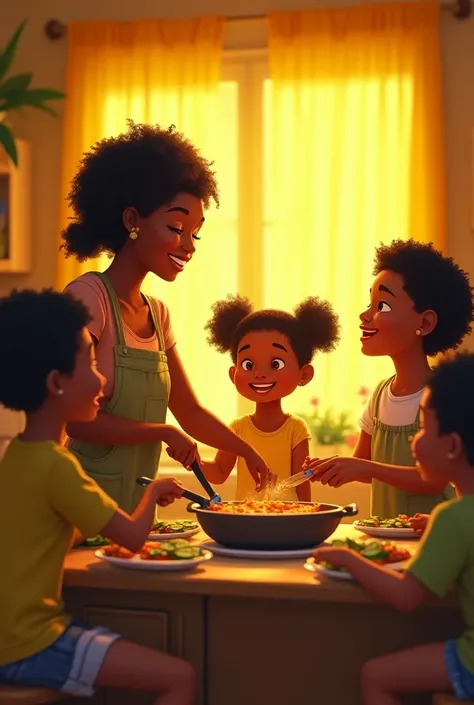 A mom of 4 cooking dinner with s. From Papua New Guinea. 40 year old medium build mom. Afro hair tied up. 13 and  girls cooking in the kitchen. 8 and  boys eating cucumber in a plate on the floor. Light is on. Yellow curtain hanging from kitchen window. Al...