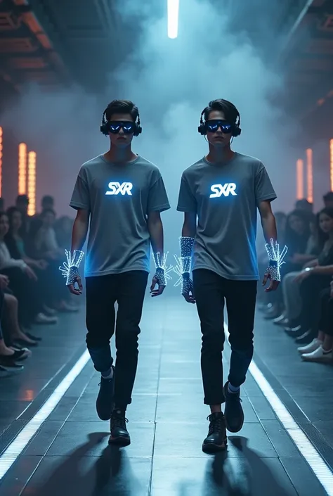  virtual reality image. Two handsome young K-pop idols , short hair skinhead, , Wear a glowing SXR design grey t-shirt, Walking on the runway of a fashion show .  The SXR brand cyberpunk dress has an unusual and modern design ,   featured sleeves  ./ The g...