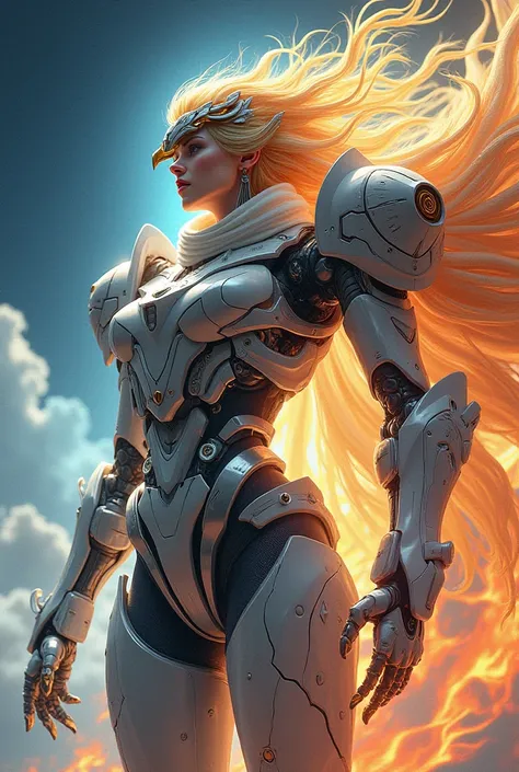 (((masterpiece))),16k,best quality, illustration, earth, water,fire,wind,space,1girl,blonde hair,beautiful mecha,shiny armor,eagle helmet,beautiful face,scarf,paper_cut,nsfw