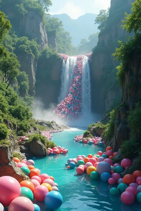 A landscape of river and waterfall, water is replaced by multi-colored balls. 