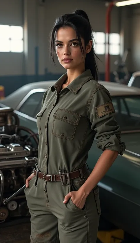 A highly detailed 3D CGI render of a female mechanic inspired by Adriana Lima. She stands confidently in a busy garage, with her dark hair pulled back into a low ponytail and a focused expression. Her face and hands are smudged with grease, highlighting he...