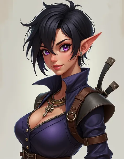 Create an image of a girl with elf ears, short-hair, clear and rebellious, skin tanned, purple eyes, her outfit is rogue RPG style
