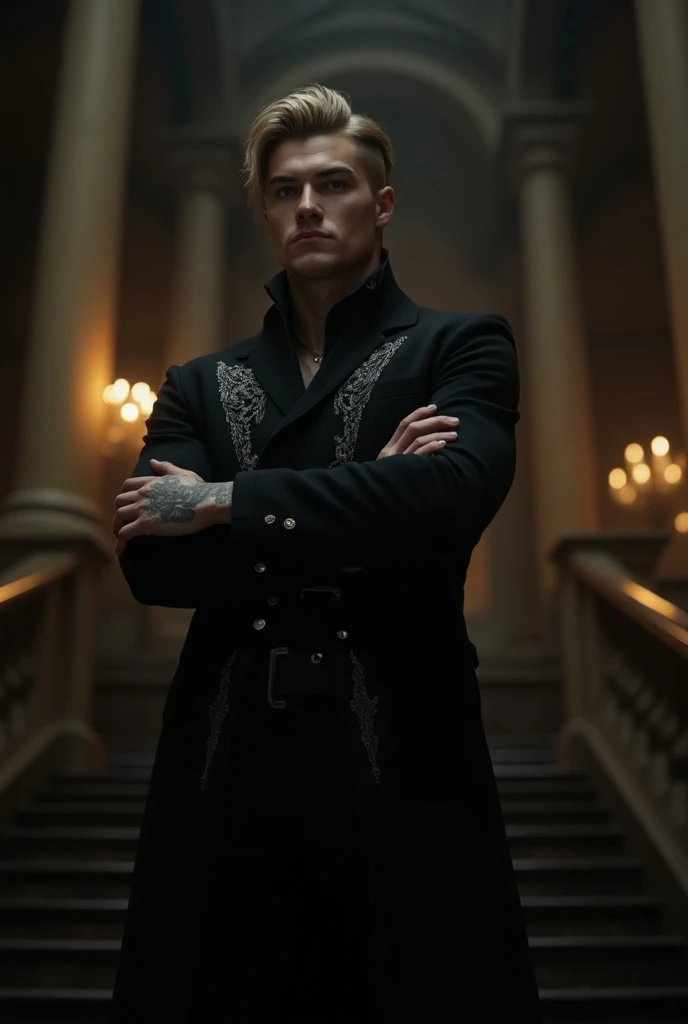 Imagine Victor, a handsome adult man, standing atop a grand staircase in a dimly lit, opulent hall draped in shadows. He’s wrapped in a dark, tailored coat with subtle silver embroidery, his chin-length, medium-blond hair styled in layered cuts, blending r...