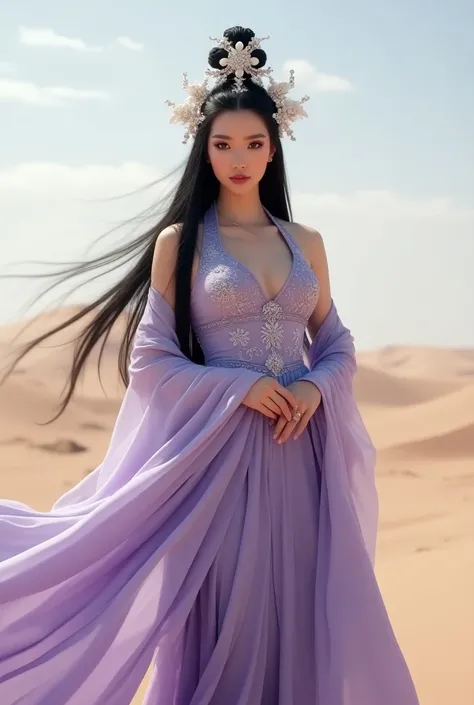 Chinese princess, a woman with long straight hair, big breasts, wearing a purple Chinese dress with elegant, smooth long shoulders, many white flower hair ornaments, high hair boxing, looking at the camera, holding a long white cloth, a lot of fabric, flic...