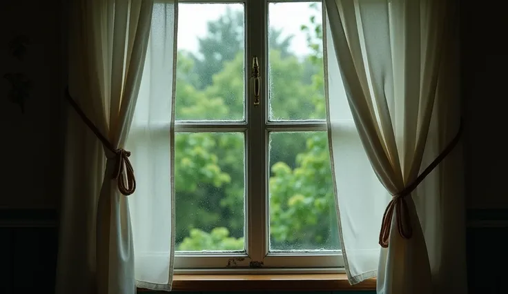  Take a picture of a house window from outside，Closed curtains ，Leave a small gap