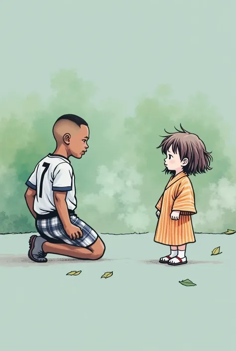 1980s retro hand drawn ink. A small black boy named Greg Burke kneeling on concrete with short close crop shaved hair, in an all-white number seven sports jersey, loose-fitting plaid cotton boxers shorts and a Japanese small girl named Ikari Yu with medium...