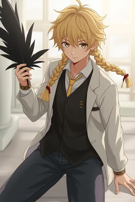 3DCG　 two ties of blond braids　Beautiful Boy　Holding black feathers in hand 　 is crouching　 body is visible in its entirety