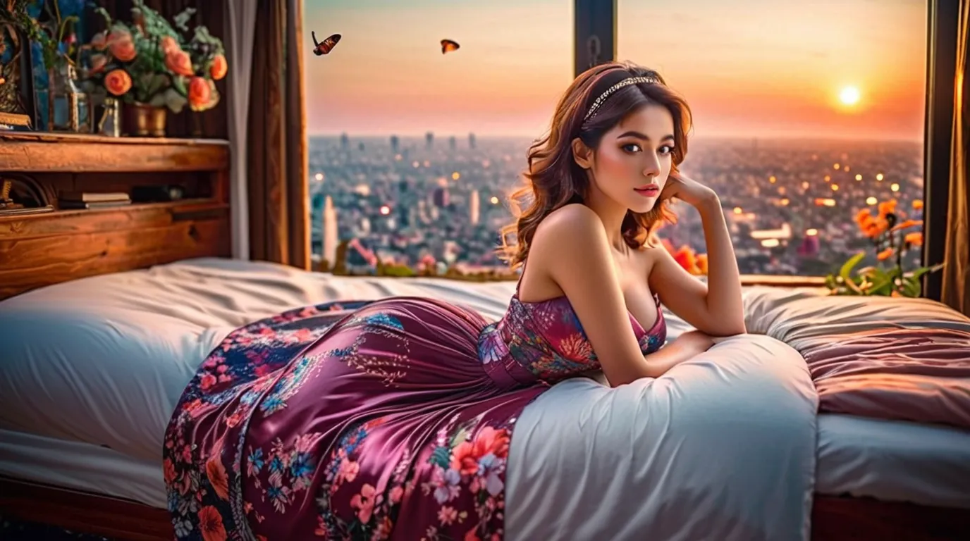 masterpiece, (best quality), ((Best detail)), Depth of field, a beautiful girl, 25 years old, sleeping on a large bed, window, wearing headphones, beautiful face, nature, , blooming, Colorful landscape, Flowers, Butterflies, Glowing skirt, element, futuris...